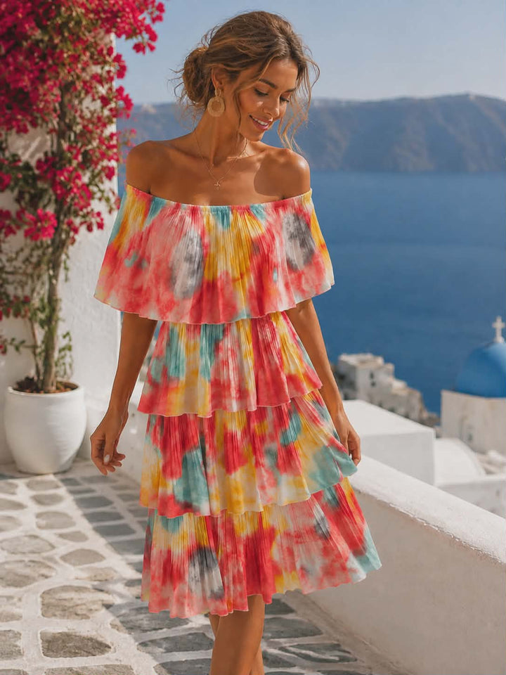 Bonita Bardot Pleated Dress - Red Multi - (CHOOSE YOUR SIZE)