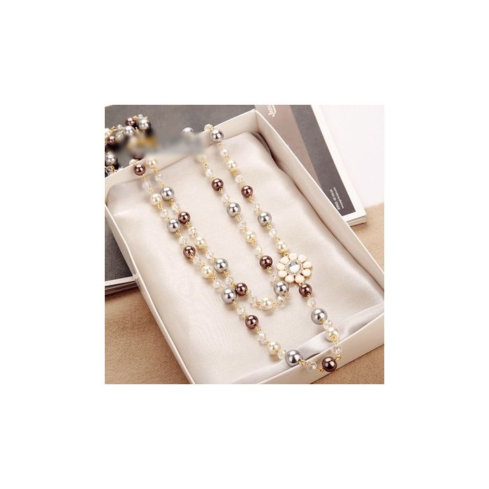 Pearl & Crystal Necklace (Cream, Champagne & Grey) in Gold Tone