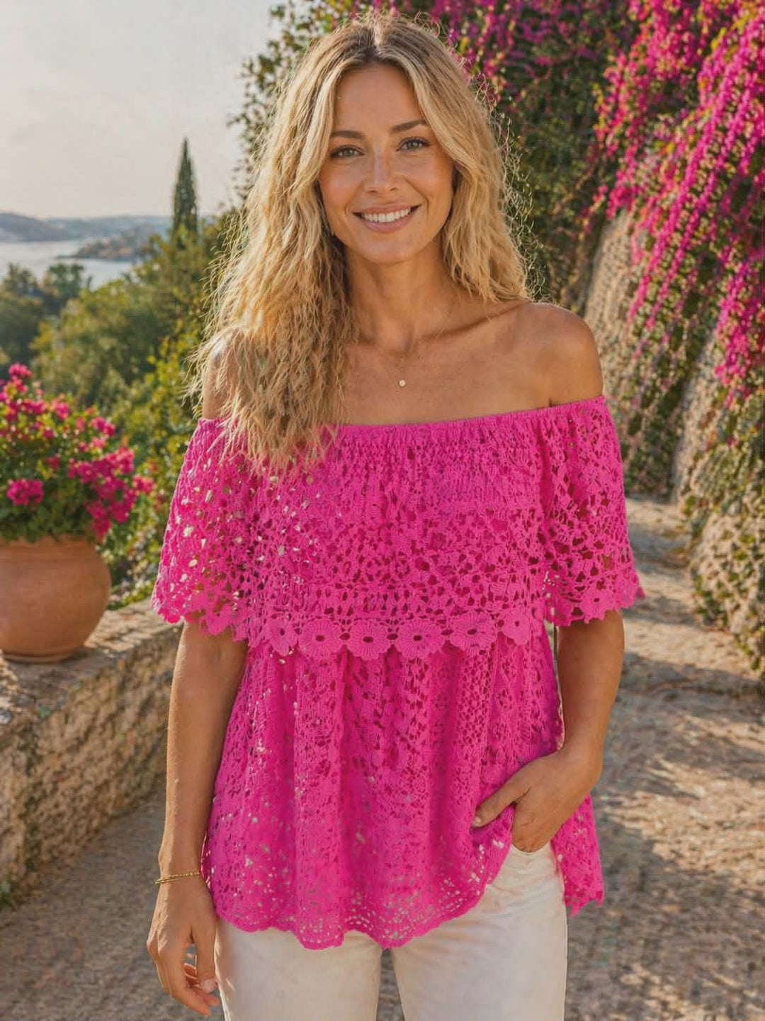 Florence Lace Bardot Top - One Size - fits Size 10 up to Size 16) - (choose your Colour)