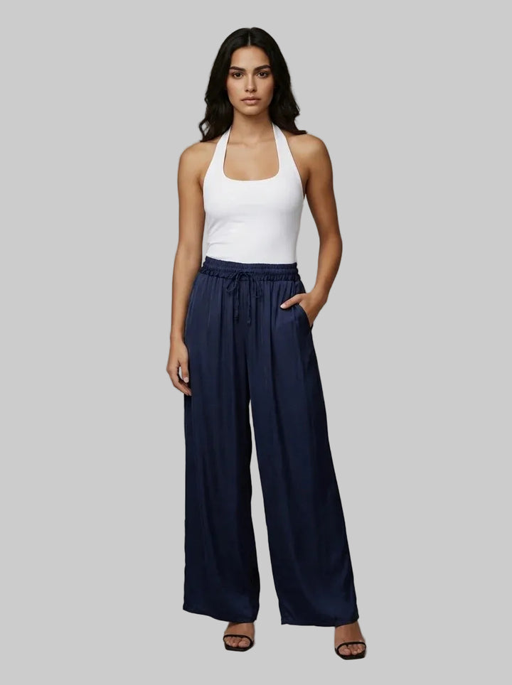 Naples Satin Wide Leg Palazzo Pants - Navy (One Size/Curvy, fits from Size 12 up to Size 18)