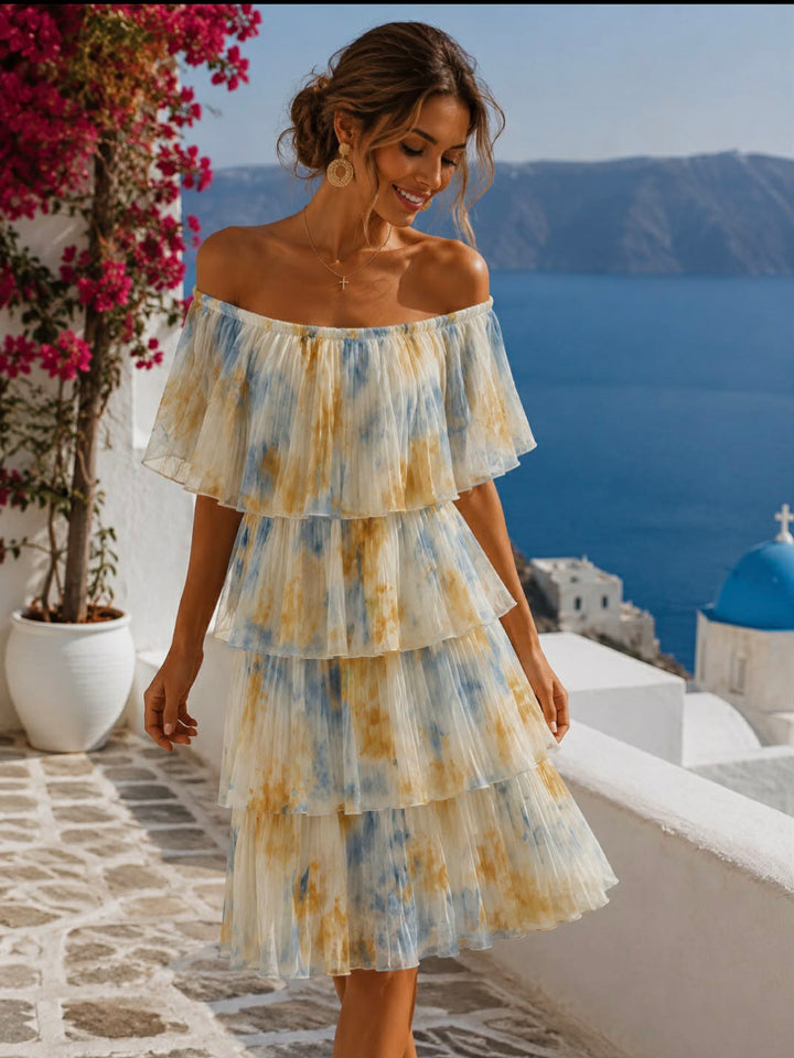 Bonita Bardot Pleated Dress - Yellow Multi - (CHOOSE YOUR SIZE)