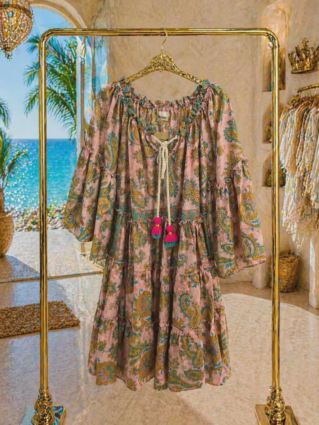 Bali Bardot Beach Dress - Pink (ONE SIZE, FITS SIZE 10 TO SIZE 16)