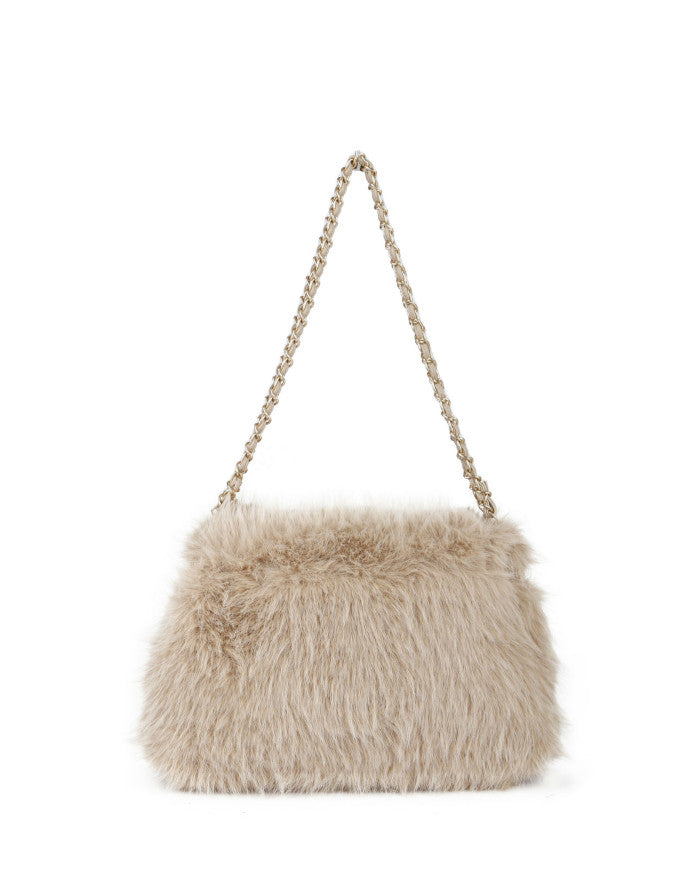 Oslo Faux Fur Bag with Gold Chain Link Dual Handles - Creamy Beige