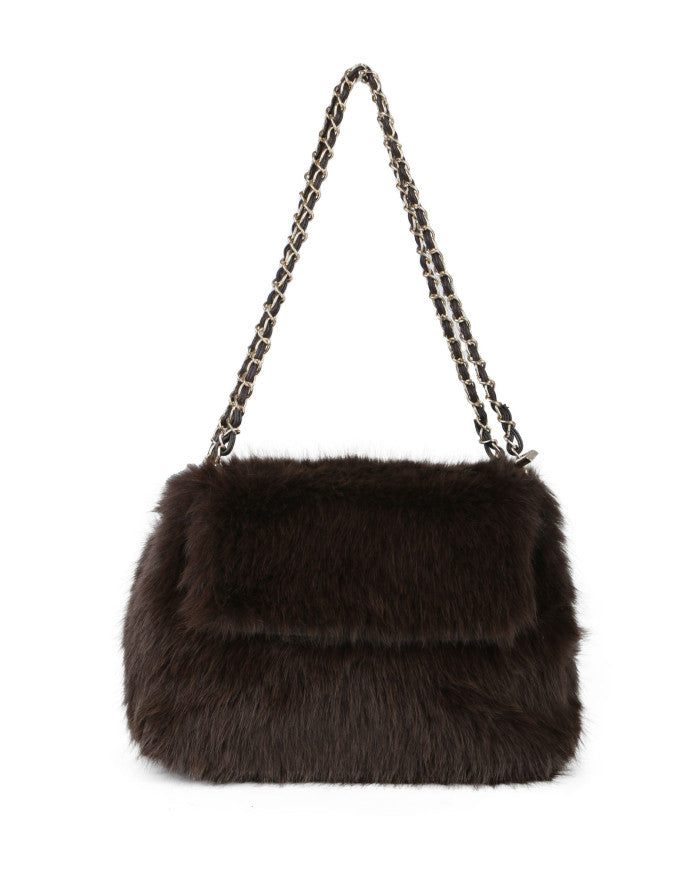 Oslo Faux Fur Bag with Gold Chain Link Dual Handles - Chocolate