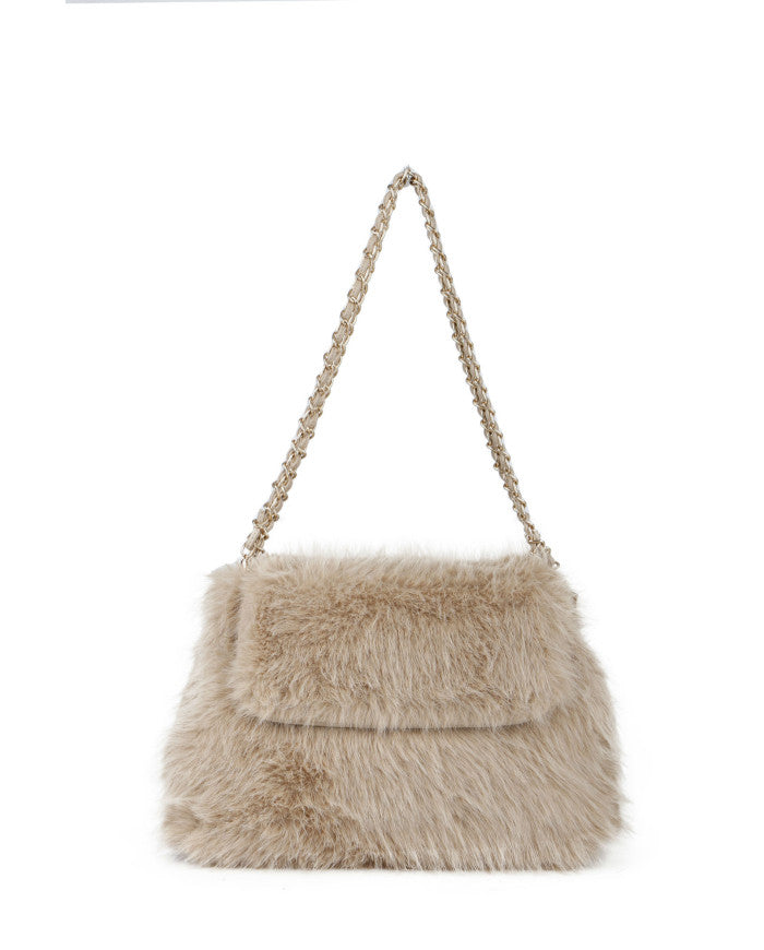 Oslo Faux Fur Bag with Gold Chain Link Dual Handles - Creamy Beige