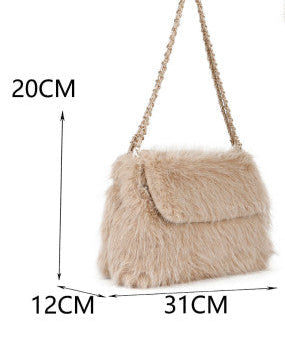 Oslo Faux Fur Bag with Gold Chain Link Dual Handles - Creamy Beige