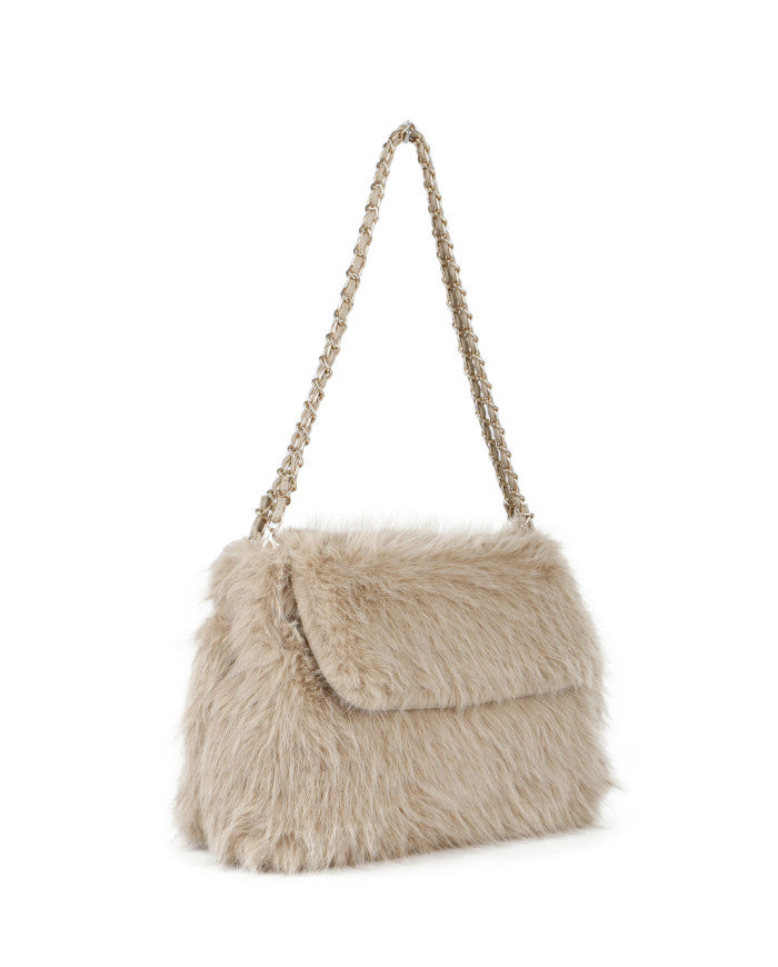 Oslo Faux Fur Bag with Gold Chain Link Dual Handles - Creamy Beige