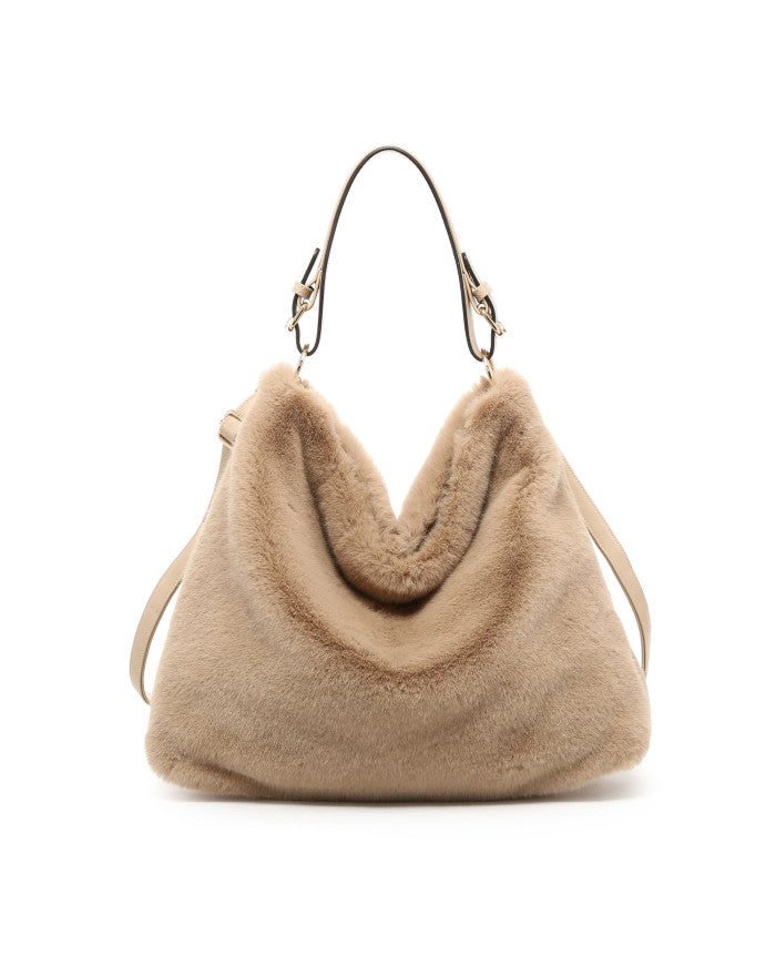 Oslo Fluffy Faux Fur Tote Bag (Large Size) - Mocha