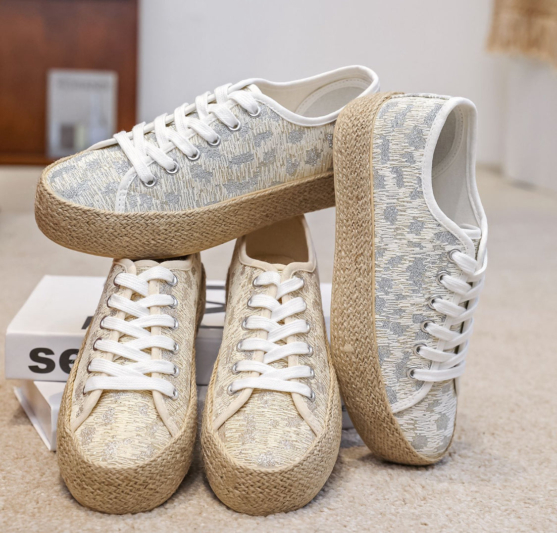 Espadrille Sparkly Woven Pumps - Metallic  (Silver or Gold)