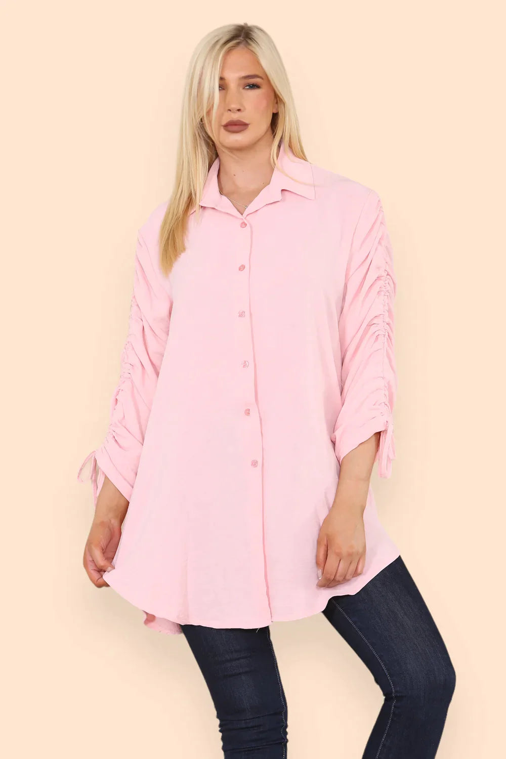 Ella Tie Ruched Sleeve Blouse - Pink