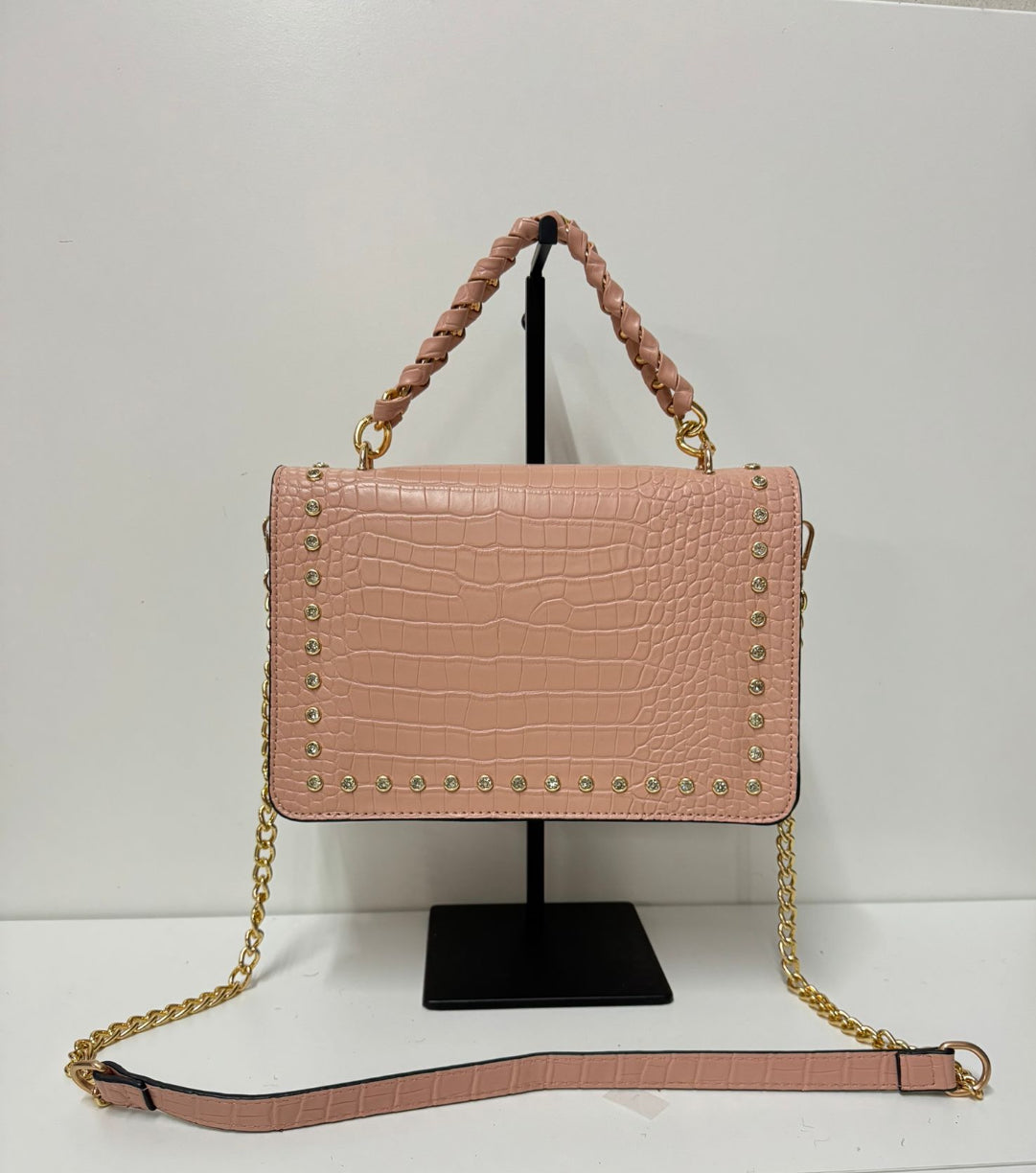 Mayfair Mock Croc Bag with Crystals - Pink
