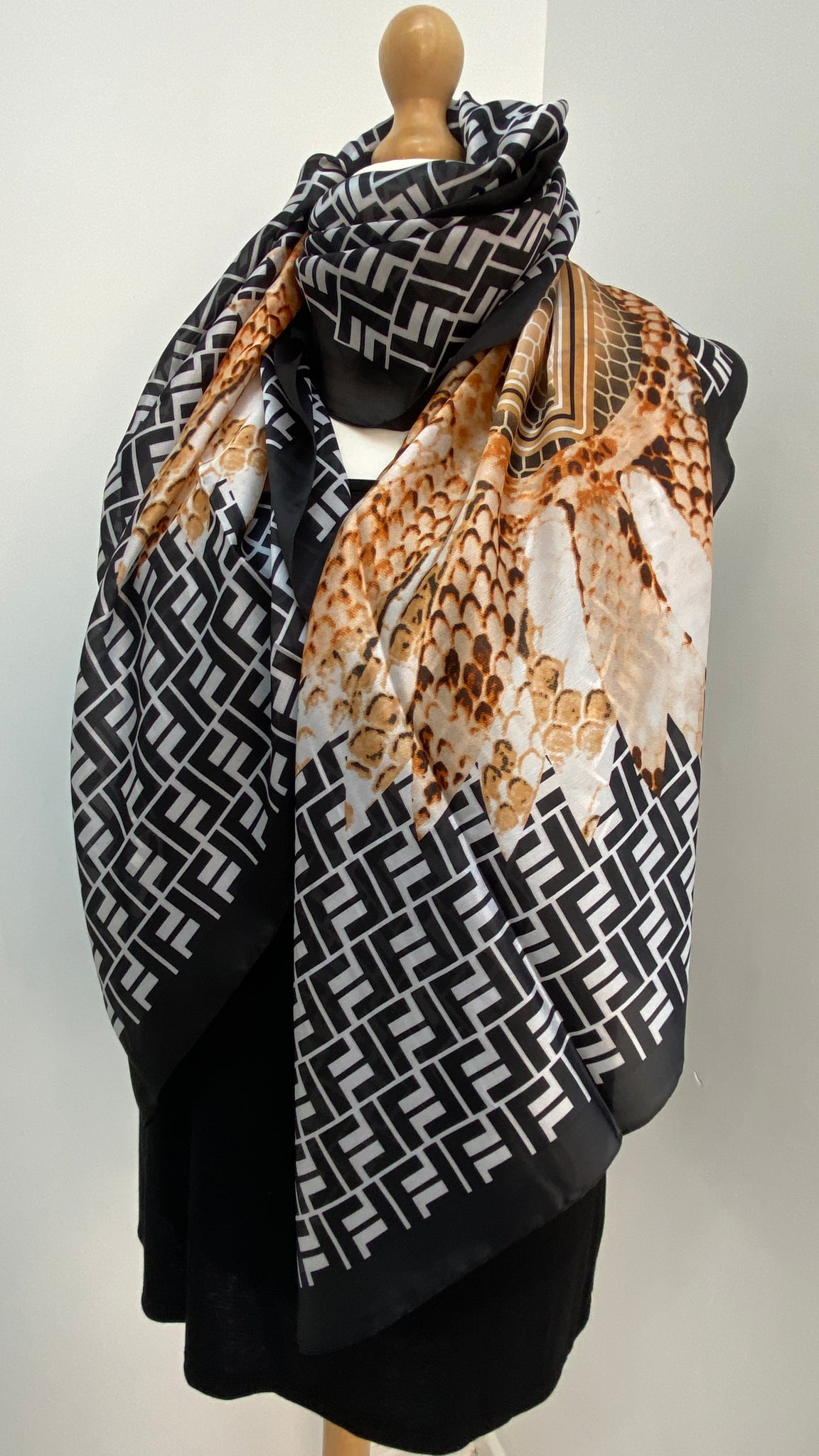 Snake and Feather Print Scarf - Black/White/Tan
