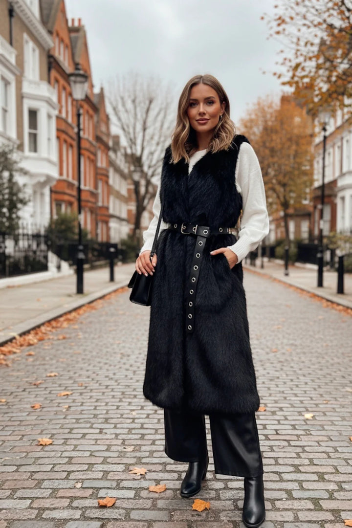 Oslo Faux Fur Longline Gilet - Black (One Size - fits from Size 10 up to Size 16)