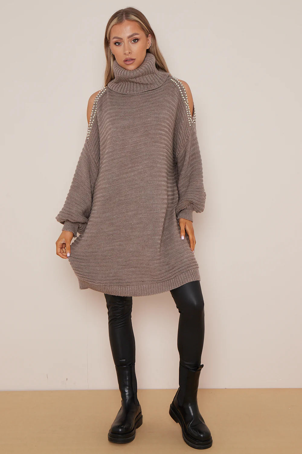 Pearly Queen Cold Shoulder Roll Neck Jumper - Mocha