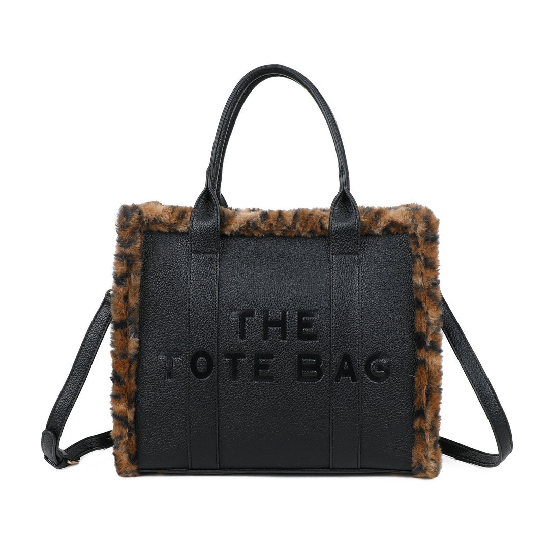 Oslo Tote Bag - Black with Chocolate Leopard Faux Fur (Large Size)