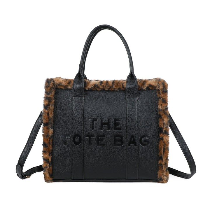 Oslo Tote Bag - Black with Chocolate Leopard Faux Fur (Large Size)