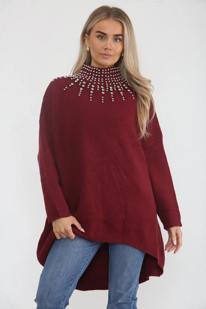 Beaded Oversized Jumper - Wine (One Size/Curvy, fits from Size 12/14 up to Size 18)