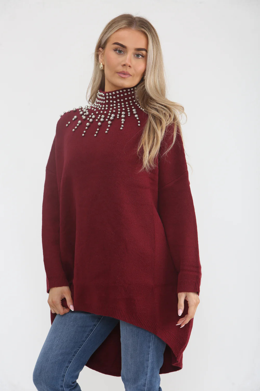 Beaded Oversized Jumper - Wine (One Size/Curvy, fits from Size 12/14 up to Size 18)