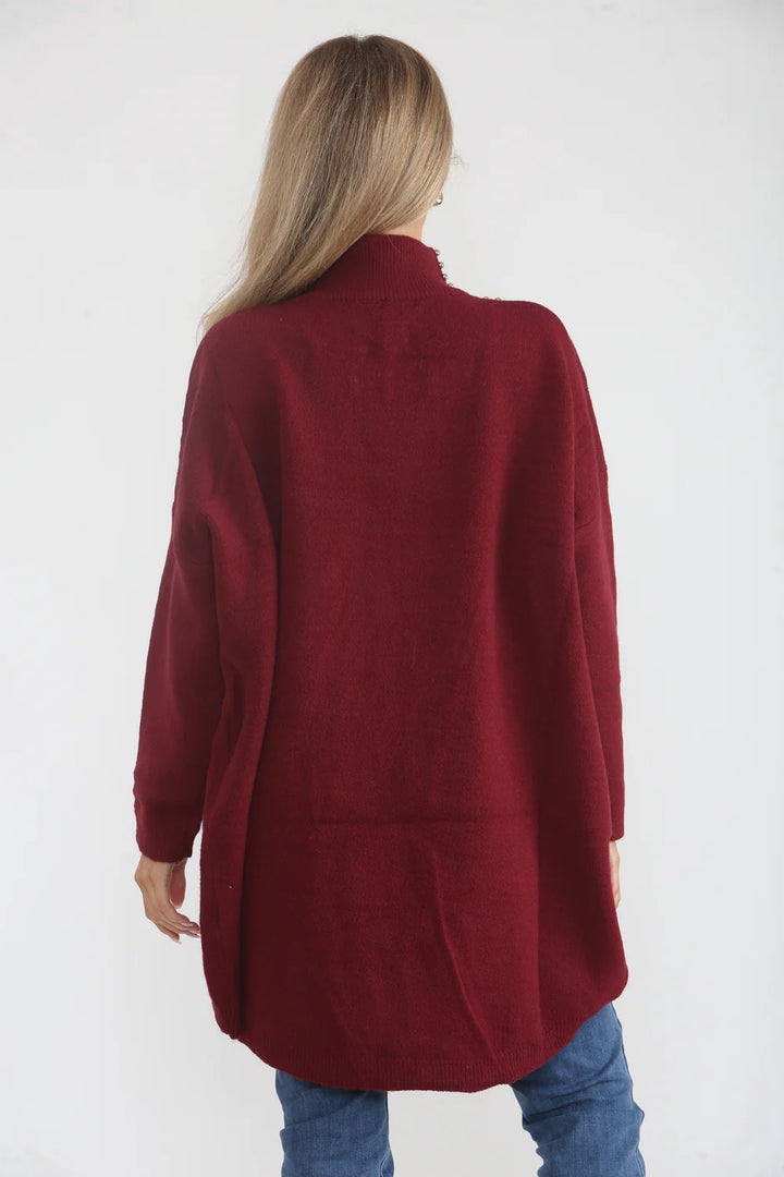 Beaded Oversized Jumper - Wine (One Size/Curvy, fits from Size 12/14 up to Size 18)