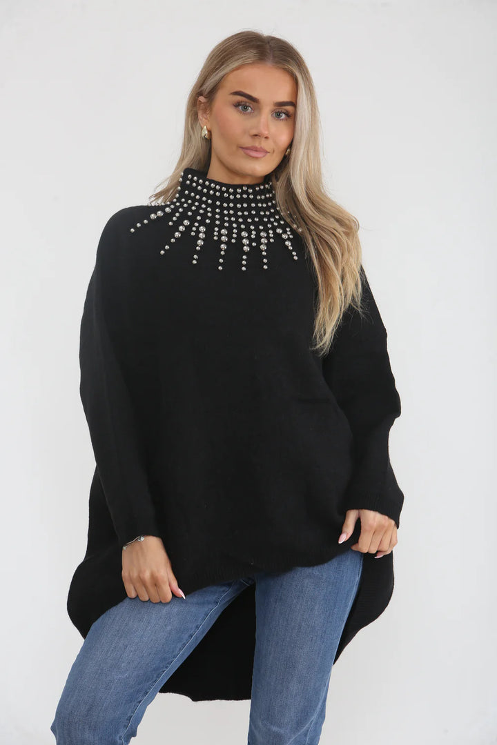 Beaded Oversized Jumper - Black (One Size/Curvy, fits from Size 12/14 up to Size 18)