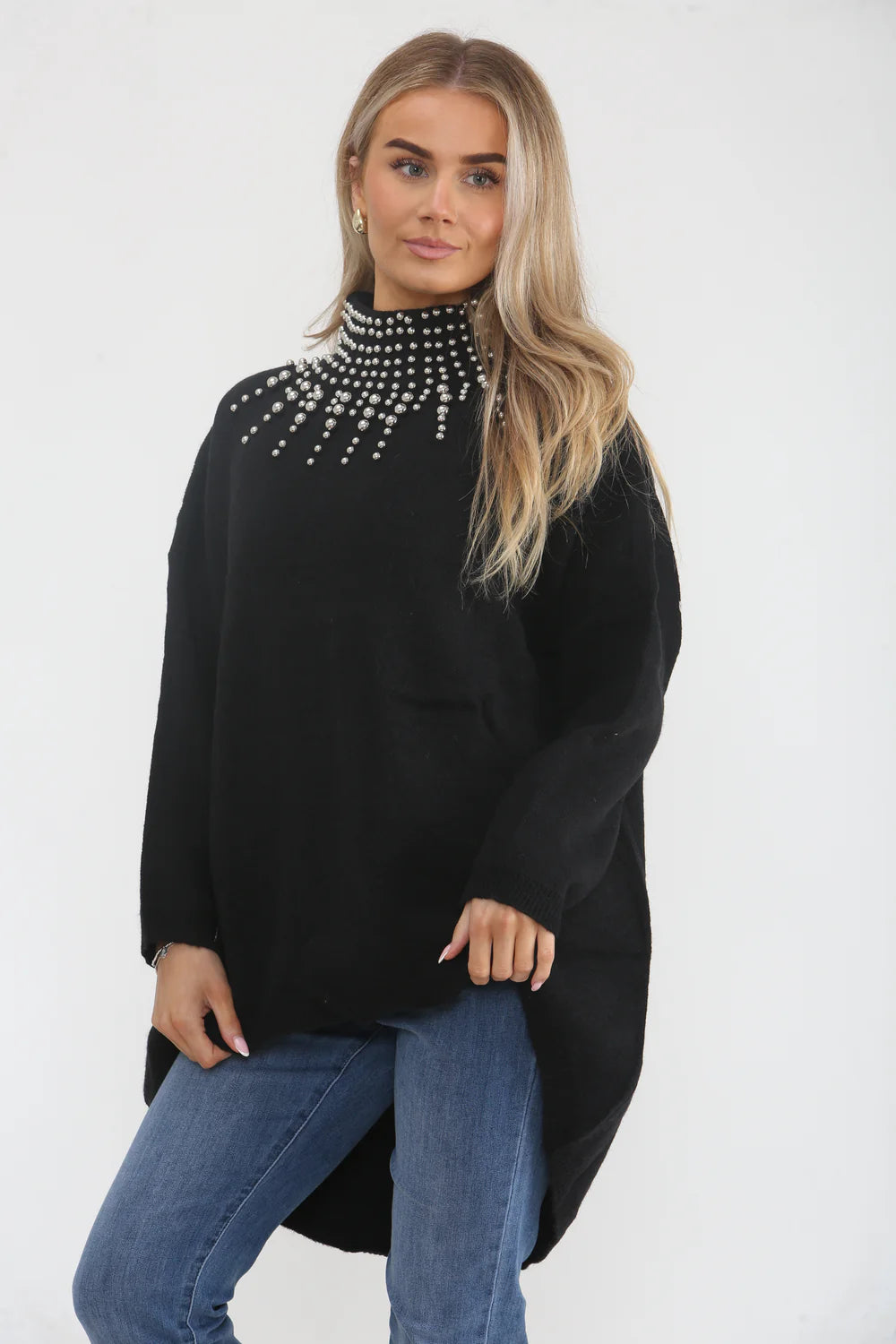 Beaded Oversized Jumper - Black (One Size/Curvy, fits from Size 12/14 up to Size 18)