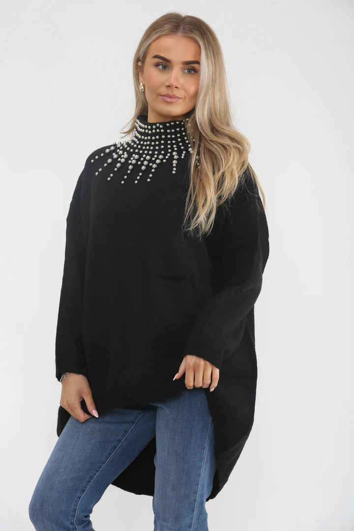 Beaded Oversized Jumper - Black (One Size/Curvy, fits from Size 12/14 up to Size 18)