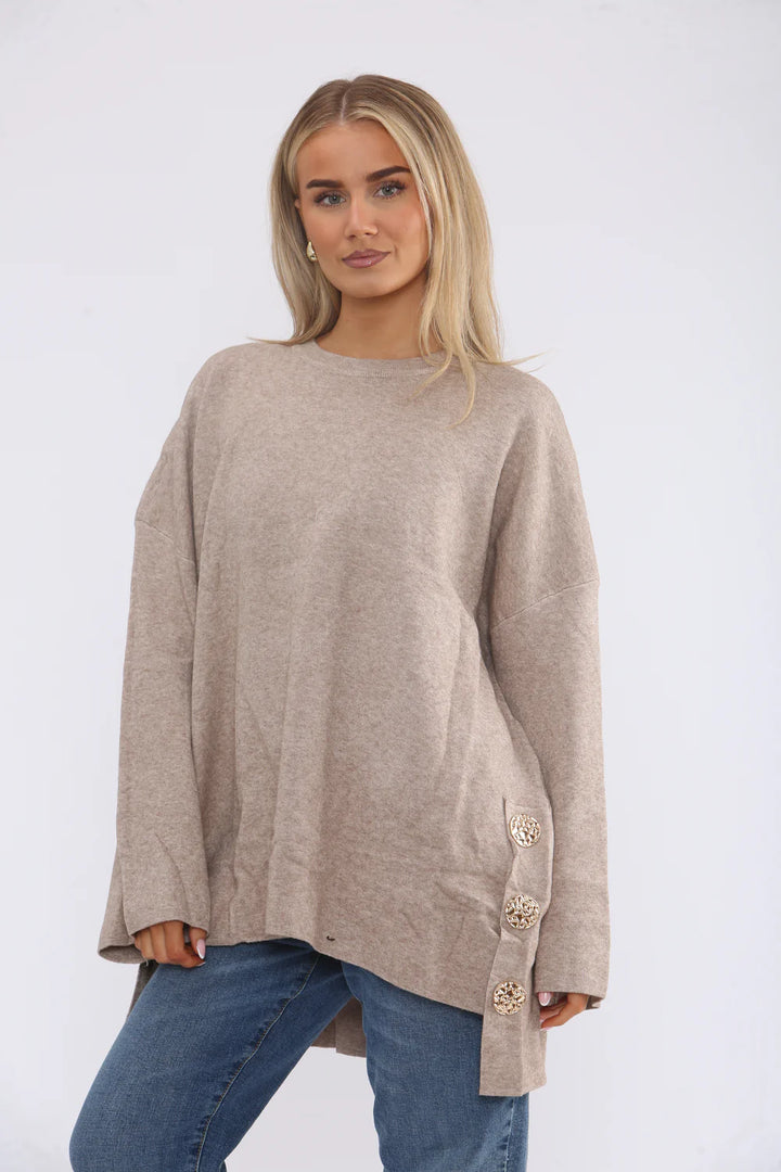 Hammersmith Buttoned Hi Lo Oversized Jumper - Mocha (One Size/Curvy, fits from Size 14 up to Size 18)
