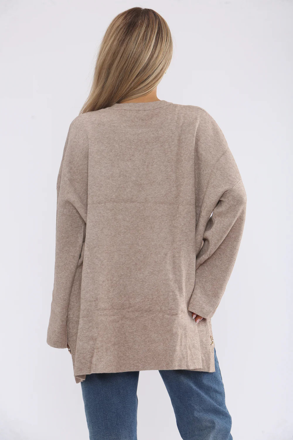 Hammersmith Buttoned Hi Lo Oversized Jumper - Mocha (One Size/Curvy, fits from Size 14 up to Size 18)