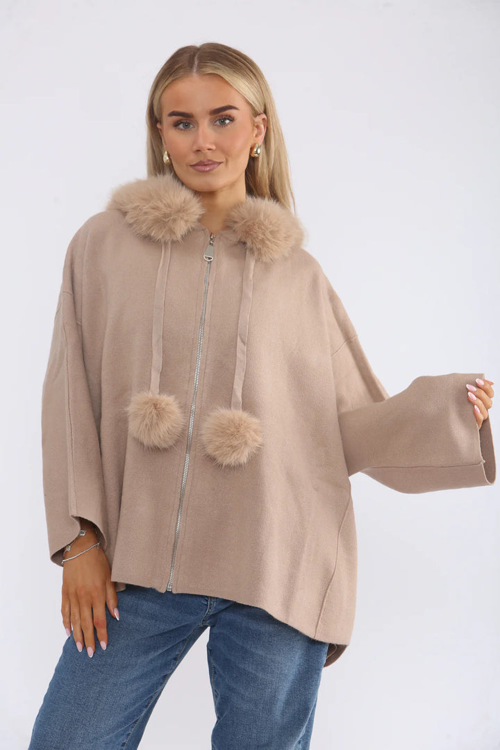Oslo Faux Fur Hoodie/Cardigan/Jumper - Camel (One Size fits from Size 12 up to Size 20)