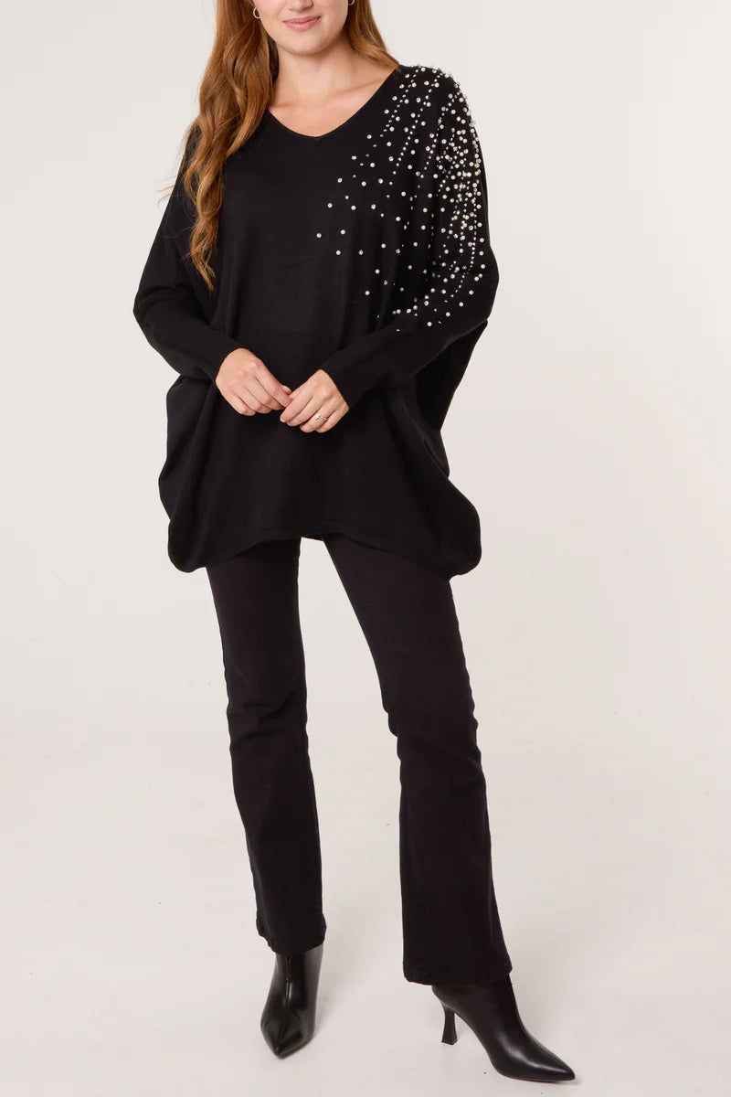 Celine Crystals, Pearls & Diamantes Oversized Jumper with V Neck (choose your Colour) (One Size/Curvy, fits from Size 12 up to Size 18)