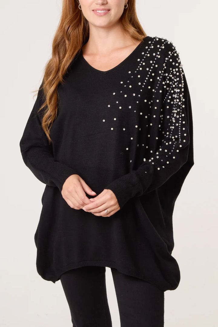 Celine Crystals, Pearls & Diamantes Oversized Jumper with V Neck (choose your Colour) (One Size/Curvy, fits from Size 12 up to Size 18)