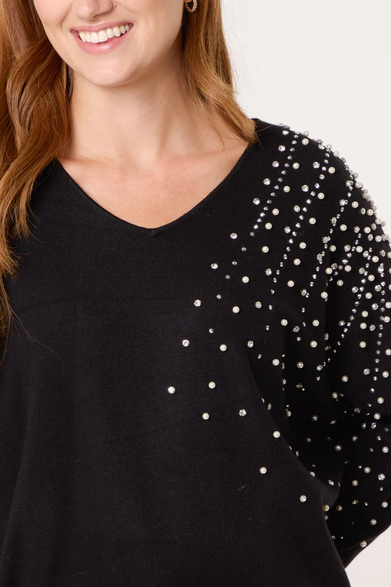 Celine Crystals, Pearls & Diamantes Oversized Jumper with V Neck (choose your Colour) (One Size/Curvy, fits from Size 12 up to Size 18)