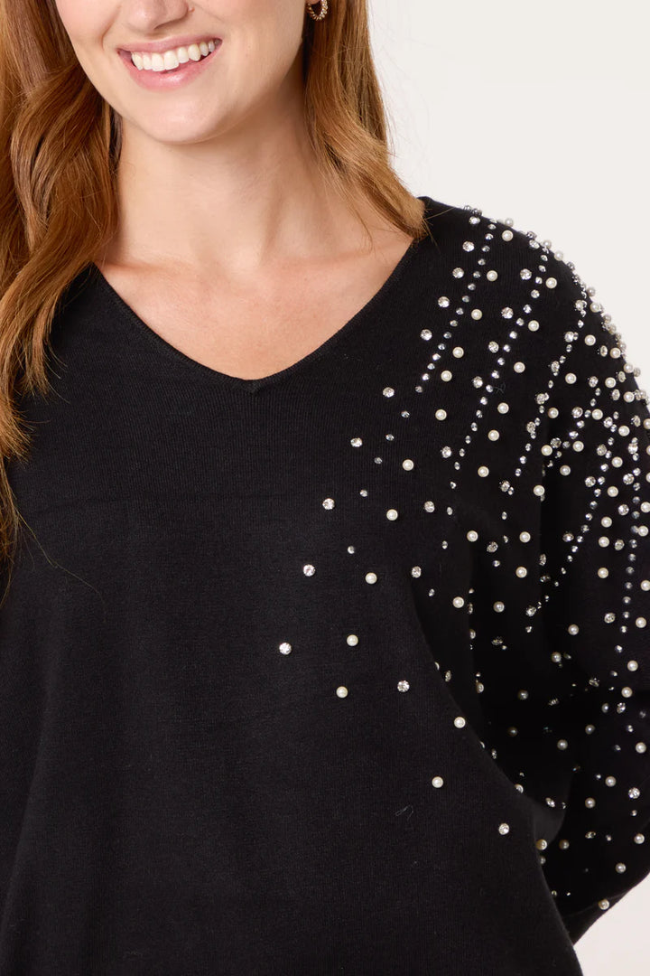 Celine Crystals, Pearls & Diamantes Oversized Jumper with V Neck (choose your Colour) (One Size/Curvy, fits from Size 12 up to Size 18)