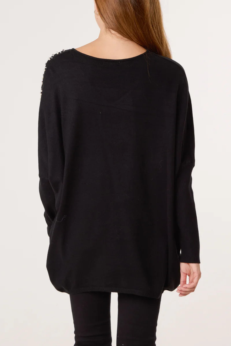Celine Crystals, Pearls & Diamantes Oversized Jumper with V Neck (choose your Colour) (One Size/Curvy, fits from Size 12 up to Size 18)
