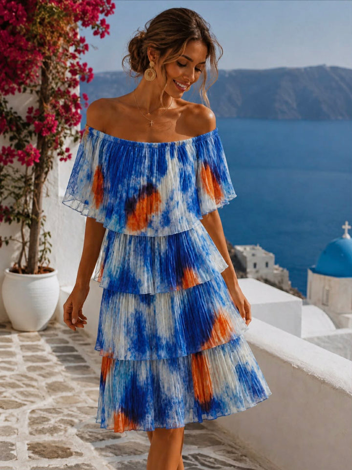 Bonita Bardot Pleated Dress - Blue Multi - (CHOOSE YOUR SIZE)