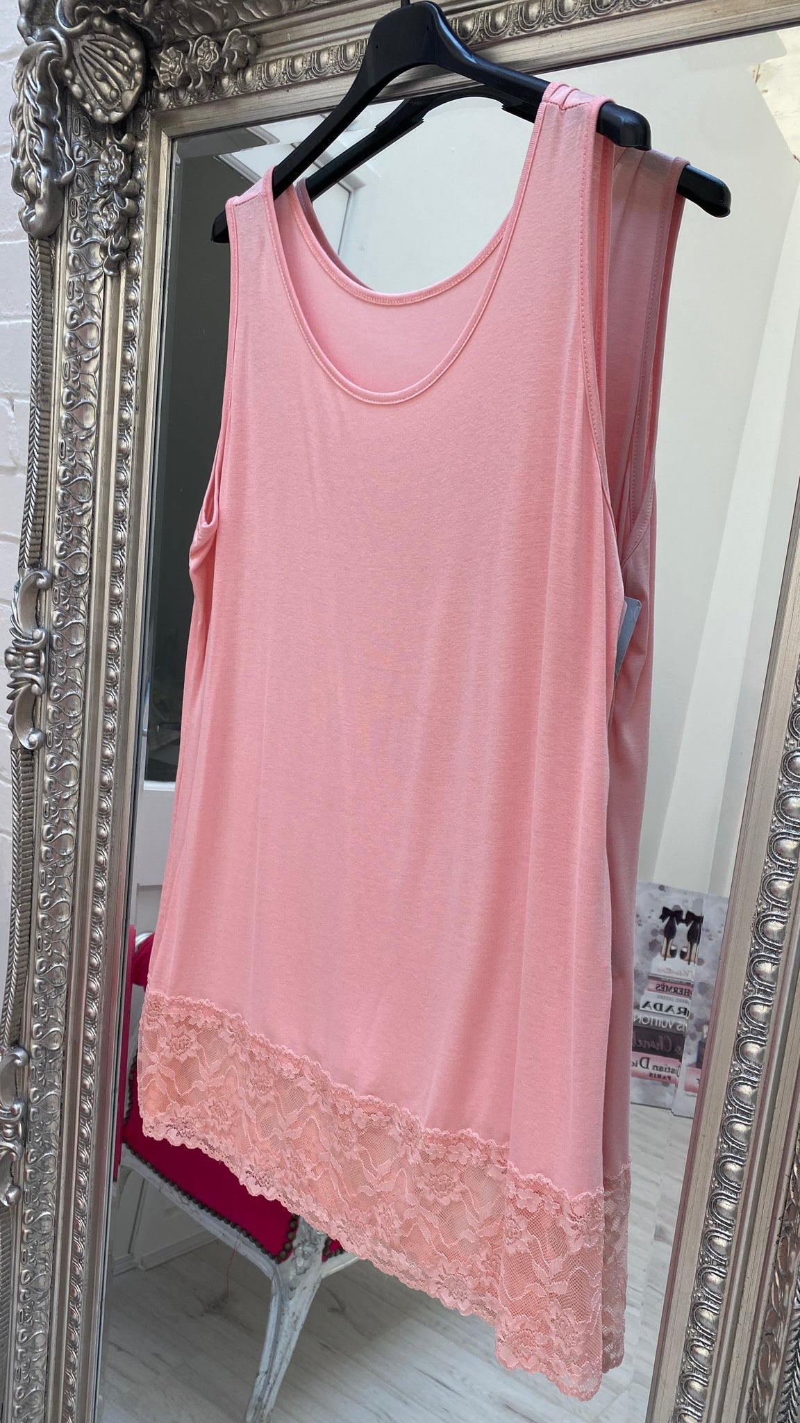 Lace Longline Vest Top - Baby Pink (Curvy)
