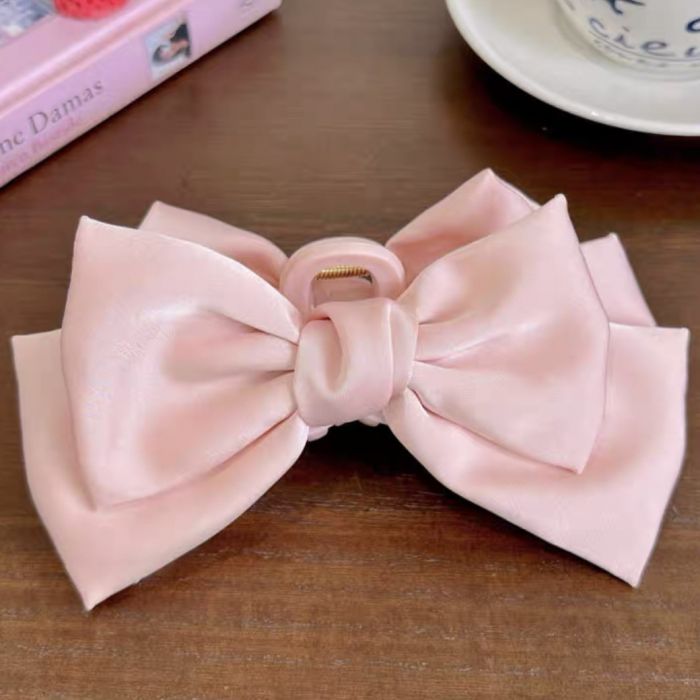 Satin Double Bow Hair Claw - Baby Pink