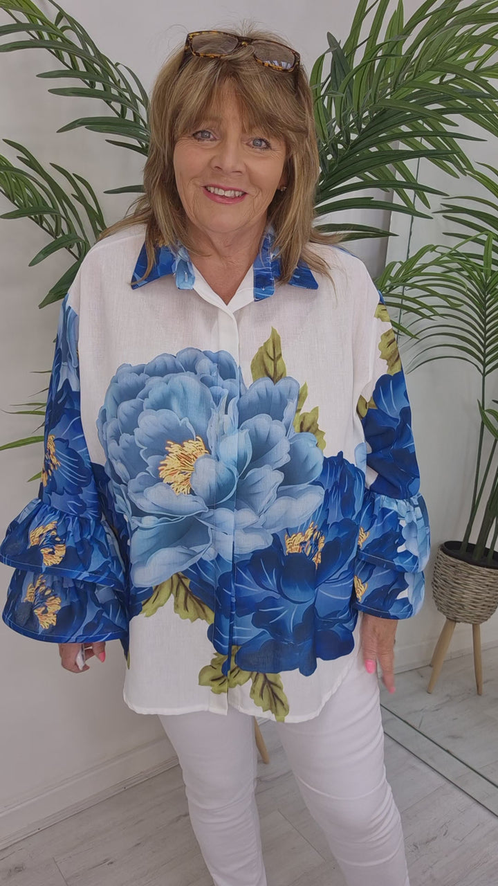 Alba Blue Floral Double Fluted Sleeve Blouse - (Oversized)