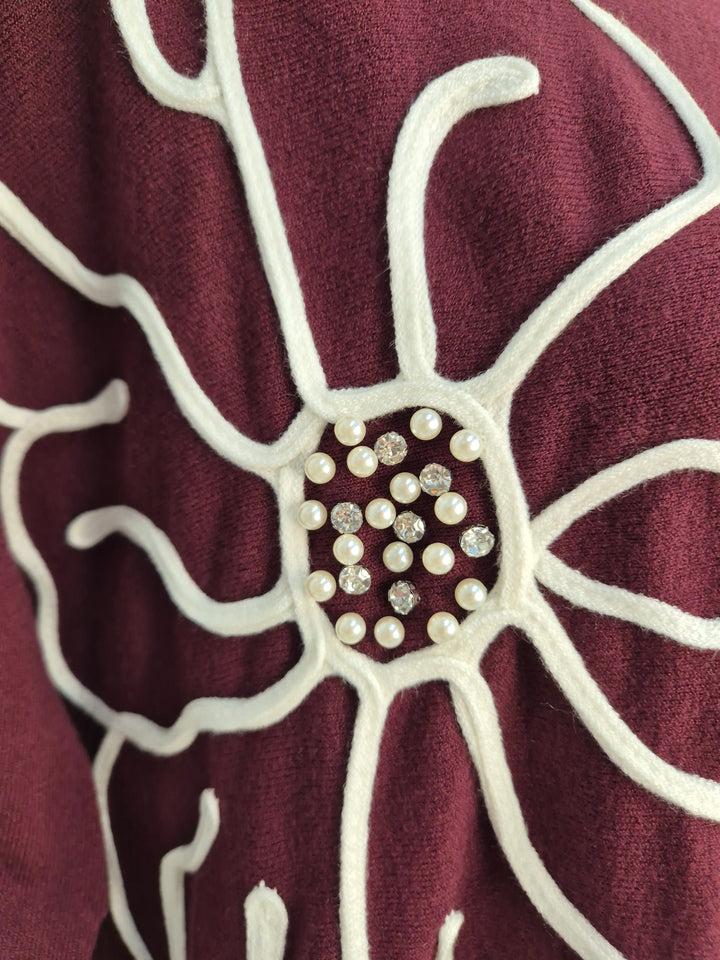 Pearl & Crystal Oversized Jumper - Wine (One Size/Curvy, fits from Size 14 up to Size 18)