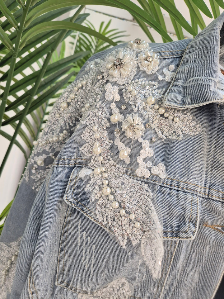 Angelica Crystal & Pearl Denim Jacket - Stonewashed (Oversized)