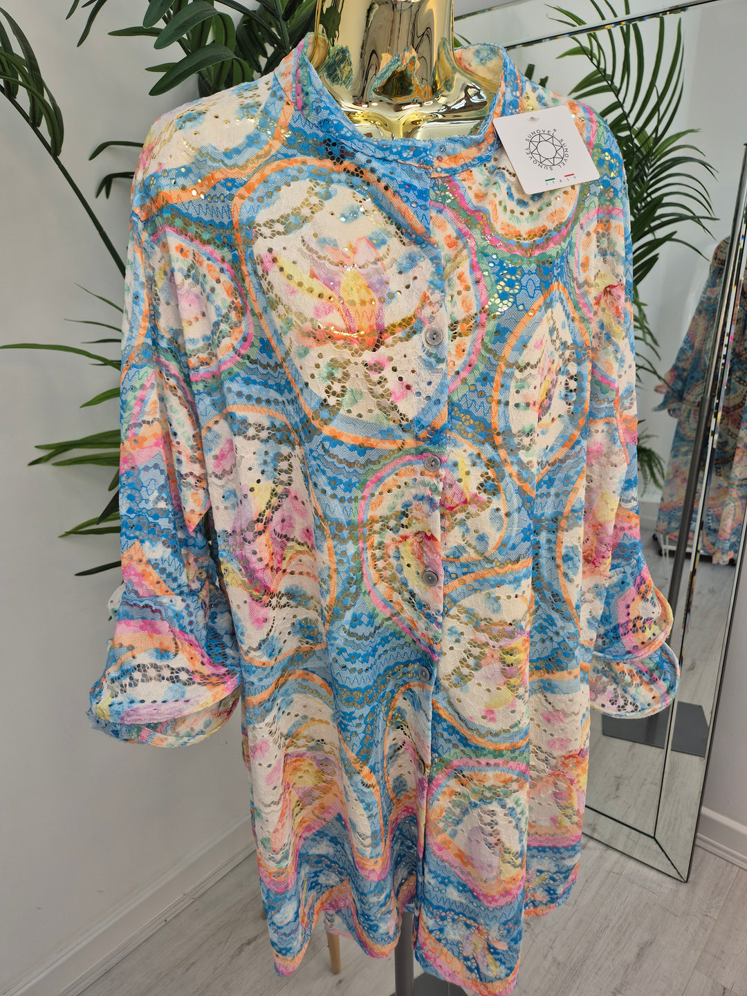 Alba Floral Double Fluted Sleeve Top - Aqua (Oversized, fitting from Size 14 up to Size 20)