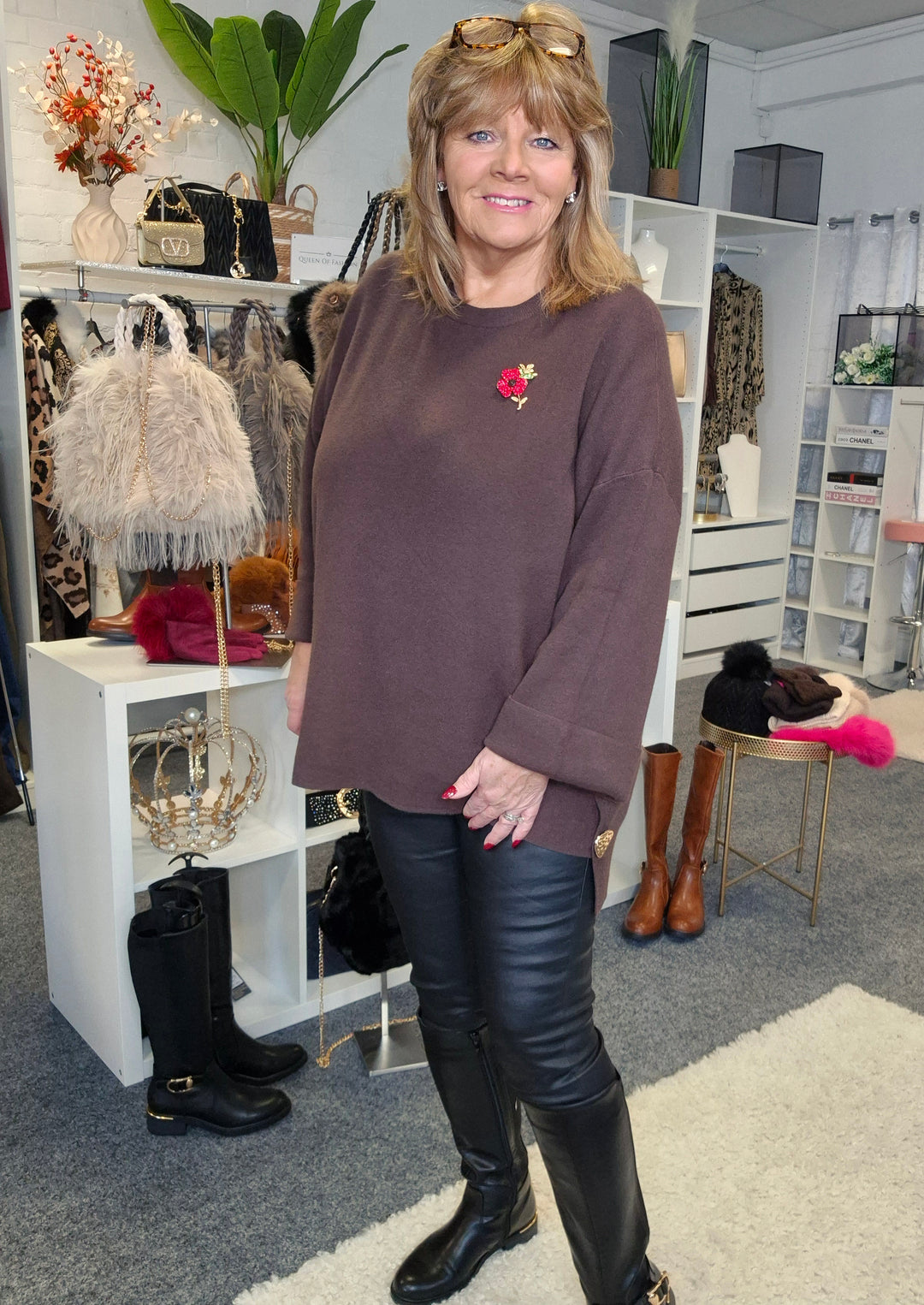 Hammersmith Buttoned Hi Lo Oversized Jumper - Chocolate (One Size/Curvy, fits from Size 14 up to Size 18)