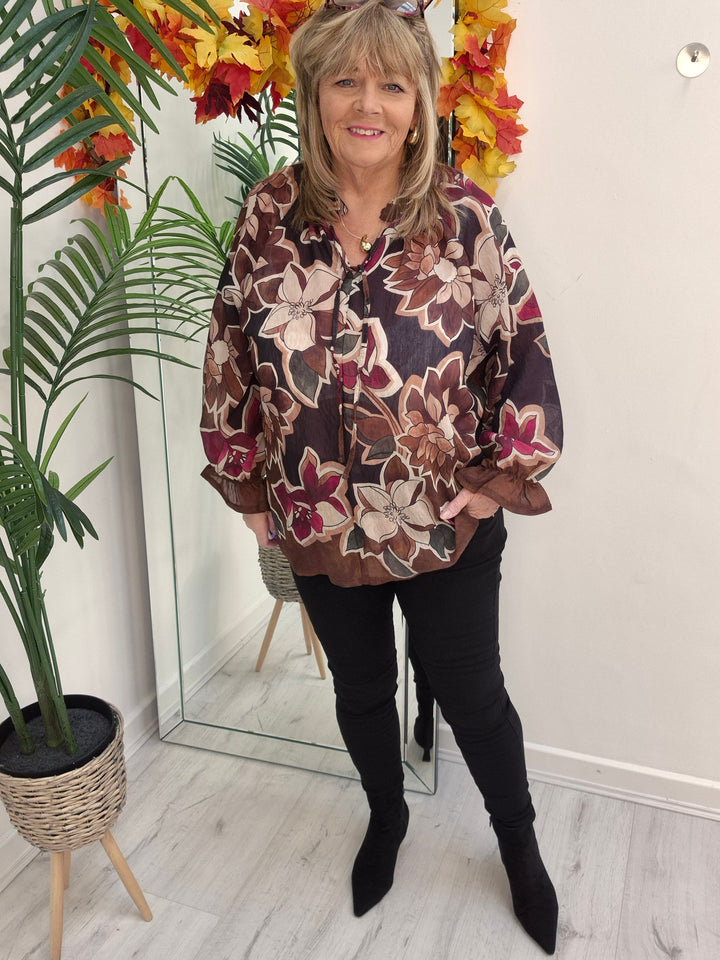 Floral Autumn Blouse - Black/Wine/Chocolate (fits from Size 12/14 to Size 18/20)