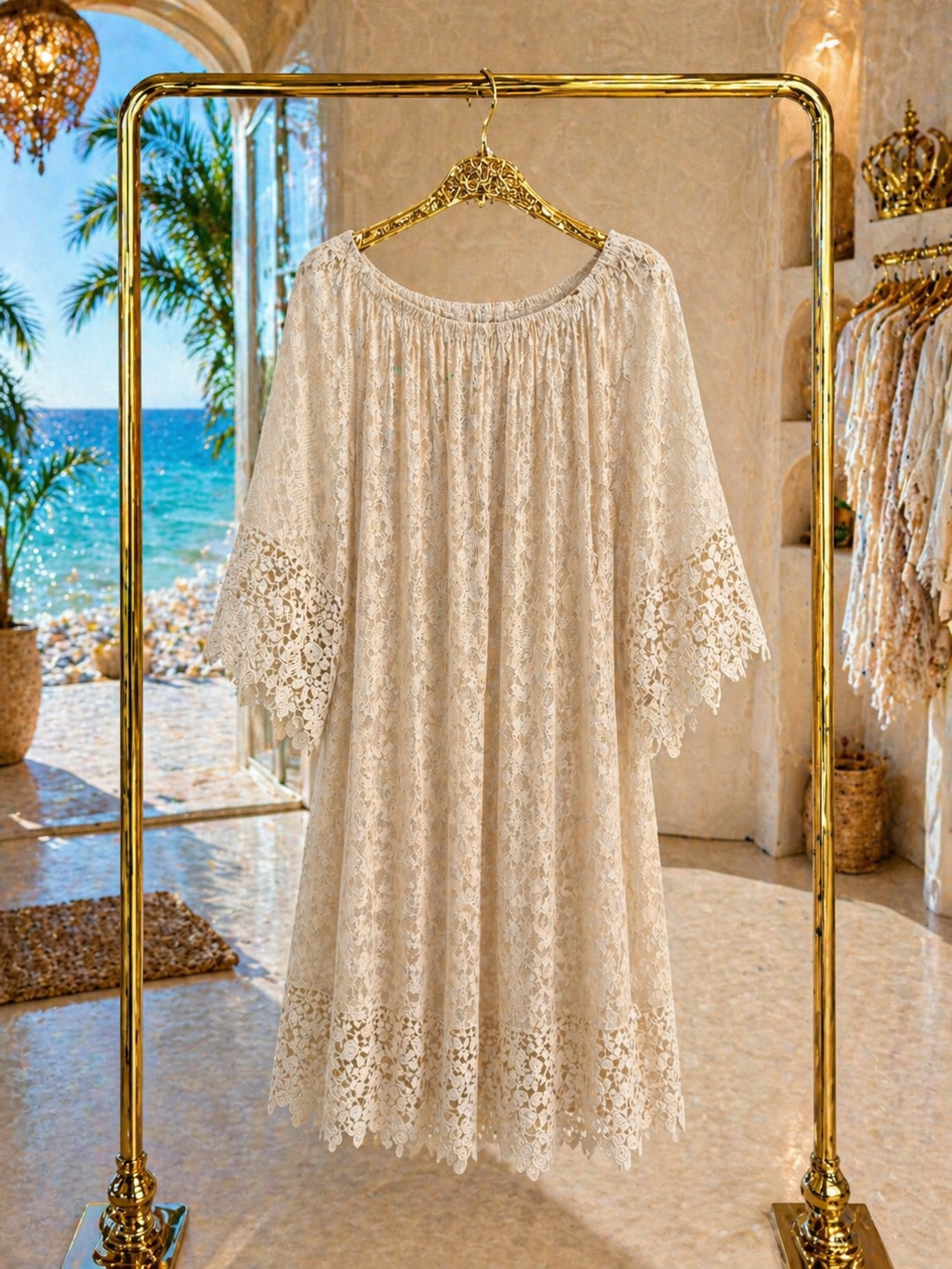 Florence Lace Bardot Dress - Stone (ONE SIZE, FITS SIZE 10 TO SIZE 16)