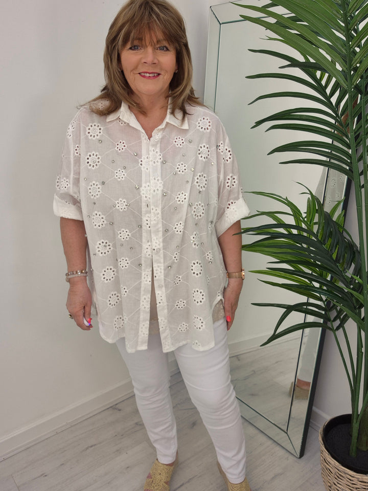 Zeta Otto Broderie Anglaise Blouse with Crystals - White (Oversized)
