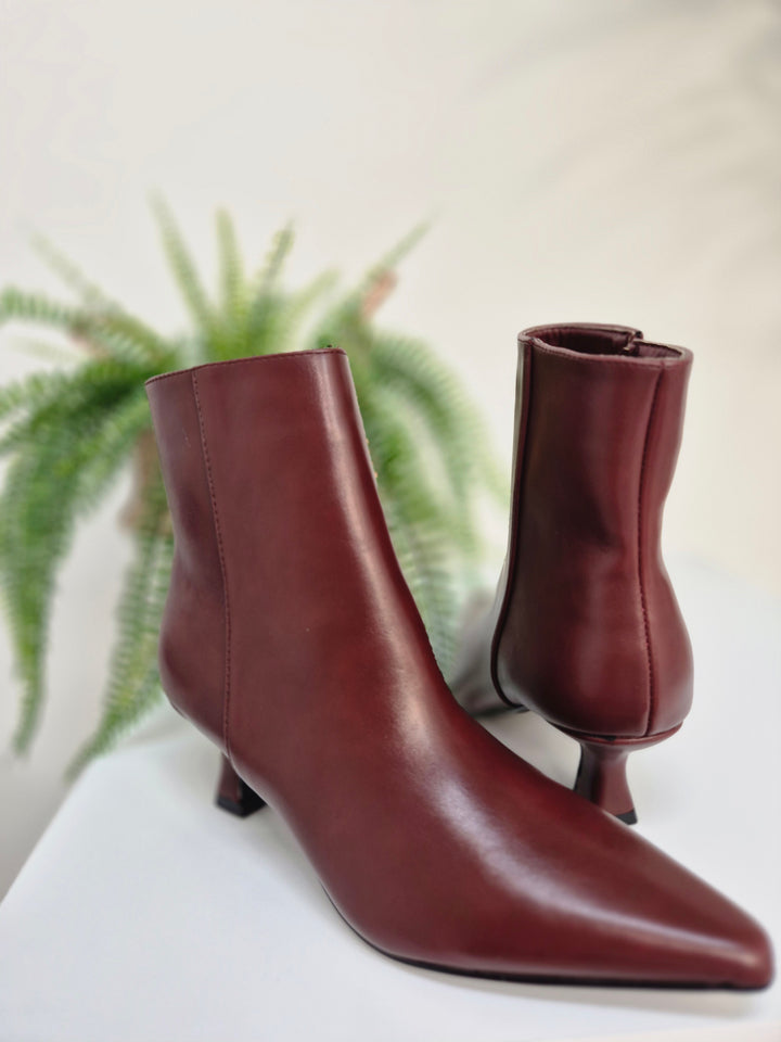 Mayfair Faux Leather Ankle Boots with Low Block Kitten Heel - Wine (choose your Size)