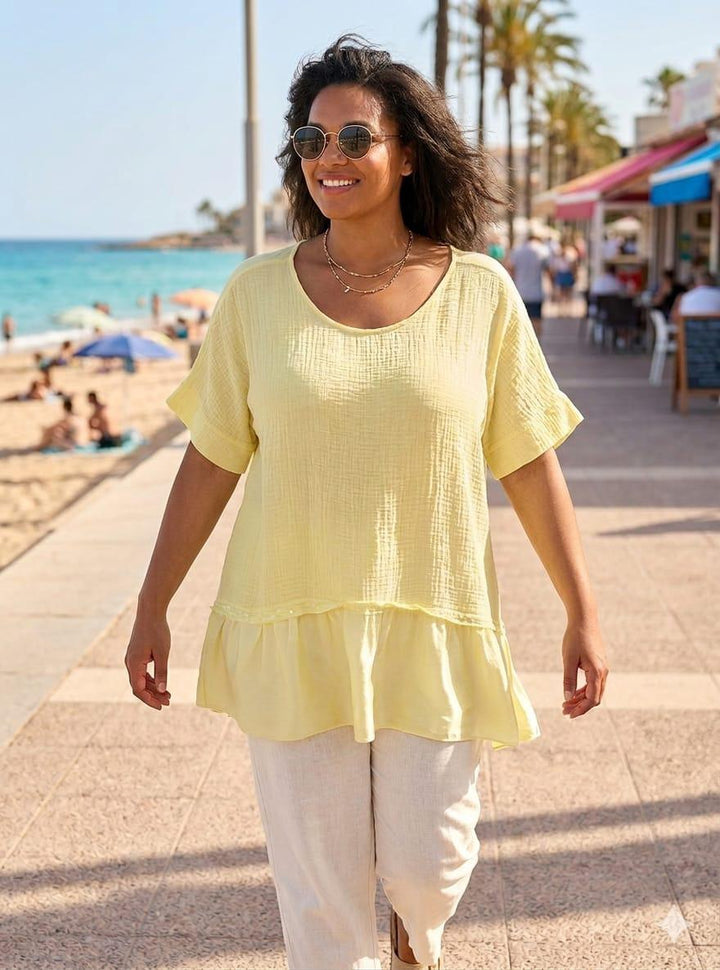 Waffle Oversized Top with Sequin Trim - (One Size/Curvy Size, fits from Size 14/16 up to Size 20) - Lemon