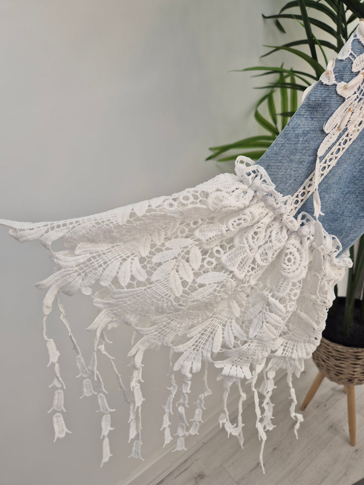 Elle Lace Tassel Denim Jacket - Light/Mid Stonewashed (One Size, fitting from Size 10 up to 14)