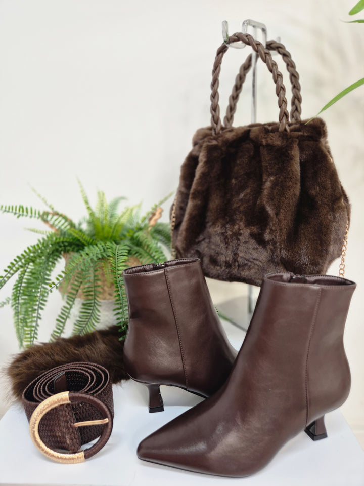 Mayfair Faux Leather Ankle Boots with Low Block Kitten Heel - Chocolate (choose your Size)