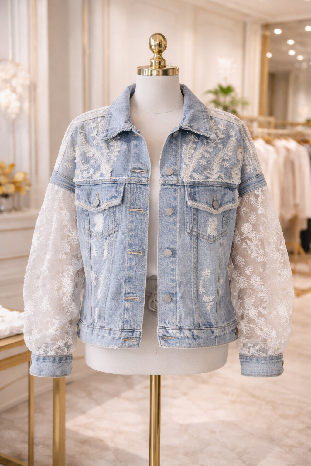 Angelina Denim Jacket with Sequins, Embroidered Feathers & Florals - (One Size - fitting Size 10 to Size 16)